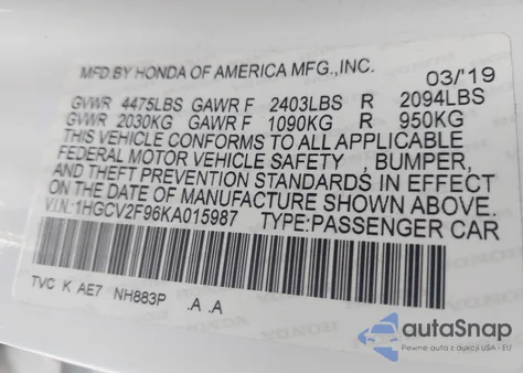 2019 Honda Accord Touring 2.0T z USA, uszkodzony, nr VIN 1HGCV2F96KA015987